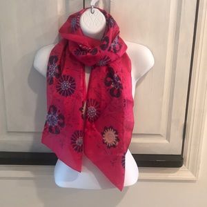 Silk Vibrant Pink Scarf With Blue Flowers